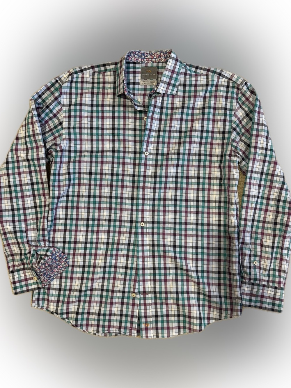 Thomas Dean Kid XL White, Teal & Purple Plaid Button-Down Shirt